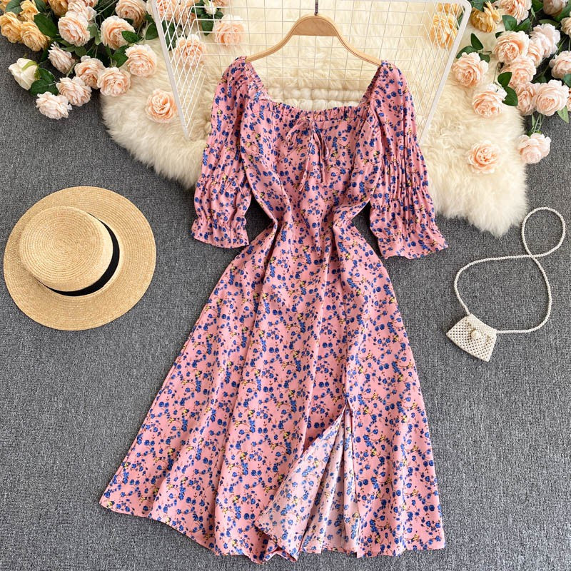 New Style Short Sleeved Floral Dress Women Square Neck Slim High Waist Split Mid Length Dress