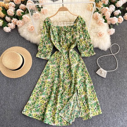 New Style Short Sleeved Floral Dress Women Square Neck Slim High Waist Split Mid Length Dress