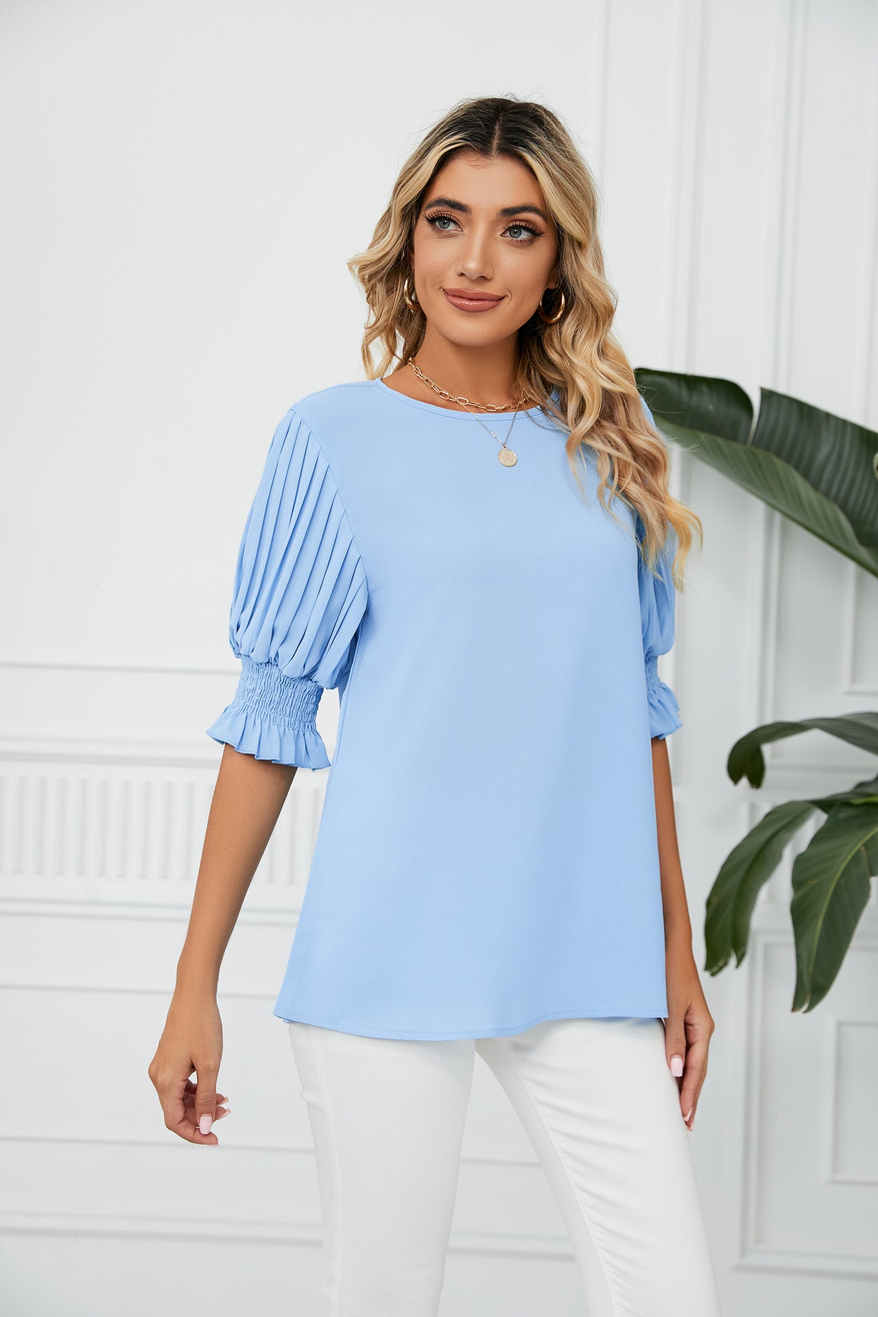 Solid Color round Neck Ruffled Princess Sleeves Loose Chiffon Blouses  Women