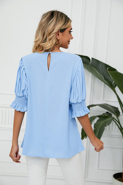 Solid Color round Neck Ruffled Princess Sleeves Loose Chiffon Blouses  Women