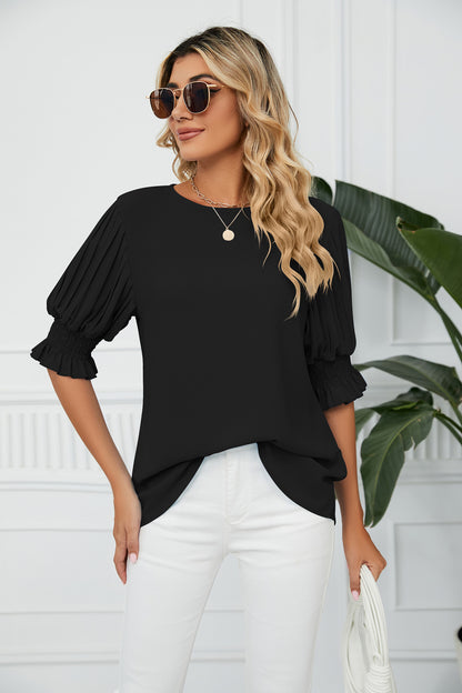 Solid Color round Neck Ruffled Princess Sleeves Loose Chiffon Blouses  Women