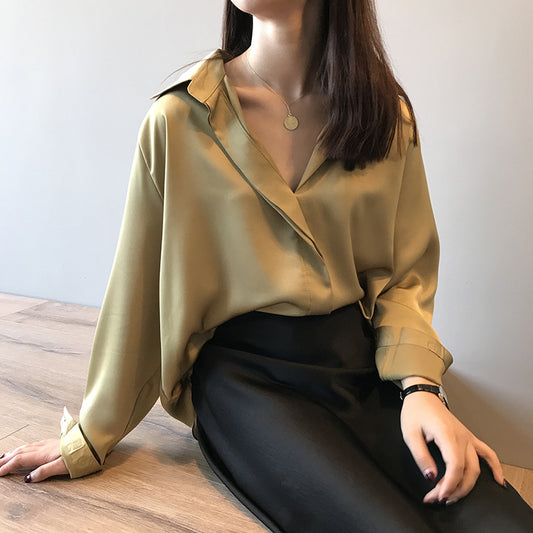 Spring Elegant Satin Shirt Women Long Sleeved Shirt Loose Solid Color Shirt