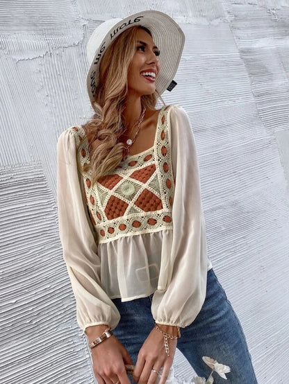 Women Spring Fall Elegant Regular Long Sleeve Color Block Patchwork Blouses