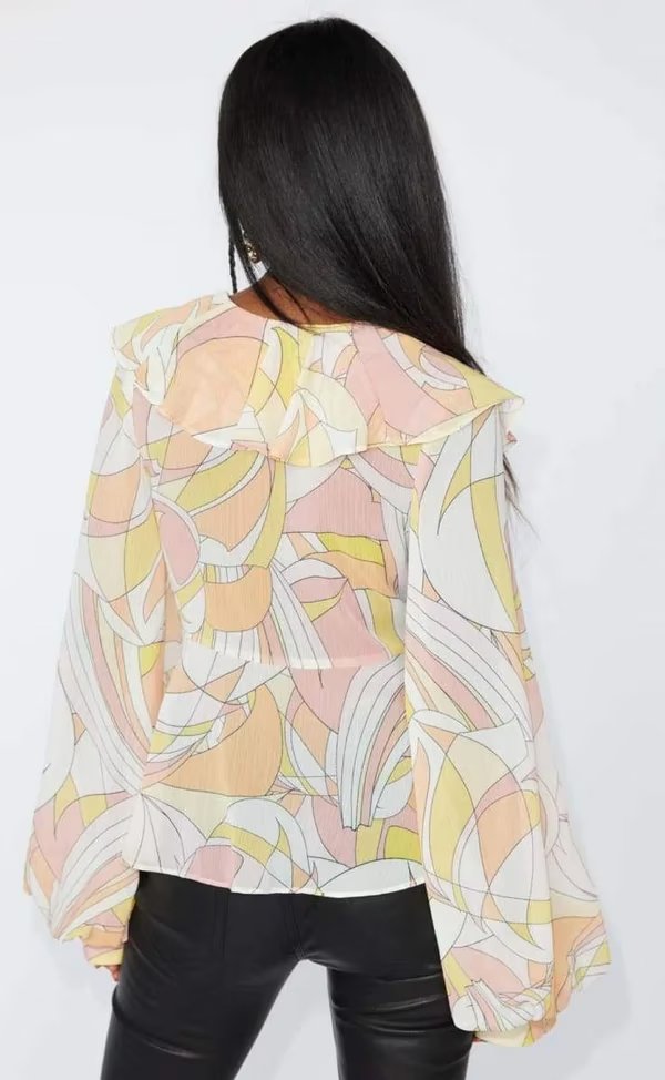 Autumn Winter Printed Lantern Sleeve Collared Cardigan Single Breasted Casual Shirt Women Top