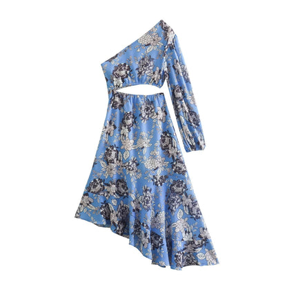 Spring Women Clothing Printed Waist Hollow Out Cutout Shoulder Asymmetric Dress Lining