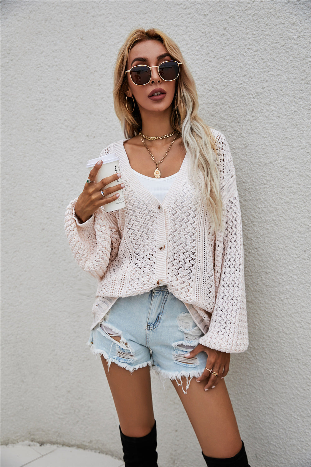 Autumn Women  Knitwear Hollow Out Knitted Cardigan Loose Sweater
