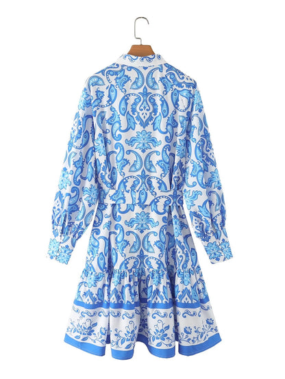 Women Clothing Printed Blue White Painted Long Sleeve V neck Loose Casual Dress Long