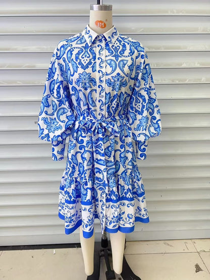 Women Clothing Printed Blue White Painted Long Sleeve V neck Loose Casual Dress Long