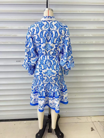 Women Clothing Printed Blue White Painted Long Sleeve V neck Loose Casual Dress Long