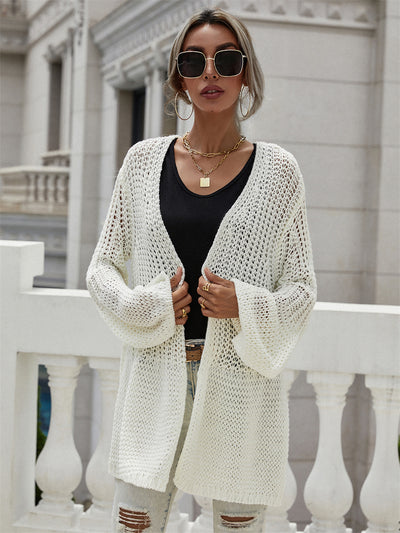 Autumn Winter Office Solid Color Women Cardigan Bell Sleeve Knitted Sweater Women