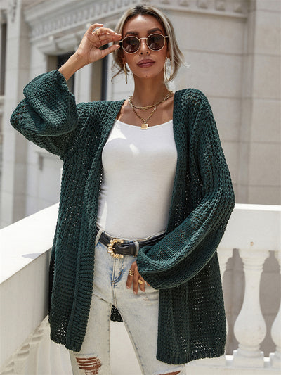 Autumn Winter Office Solid Color Women Cardigan Bell Sleeve Knitted Sweater Women