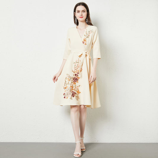 Spring Formal Elegant V Neck Tie Delicate Embroidered A Line Wrap Dress