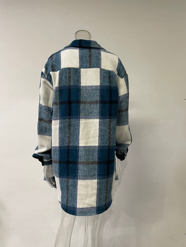 Autumn Winter Women Woolen Coat Plaid Long Loose Lapels  Shirt Outerwear