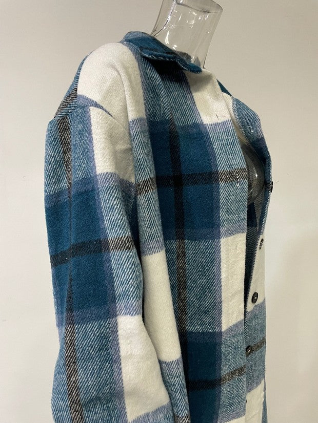 Autumn Winter Women Woolen Coat Plaid Long Loose Lapels  Shirt Outerwear