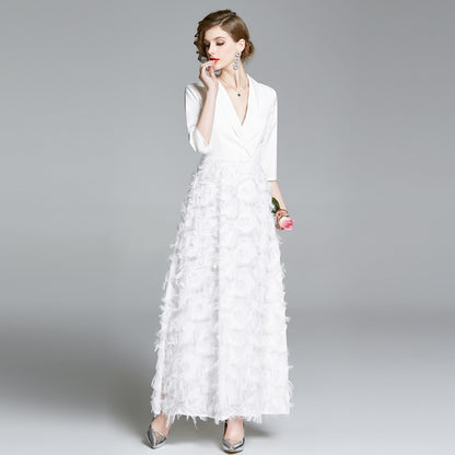 New Vintage Tassel Patchwork Long Large Swing Suit Collar  Temperament White Dress