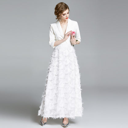 New Vintage Tassel Patchwork Long Large Swing Suit Collar  Temperament White Dress