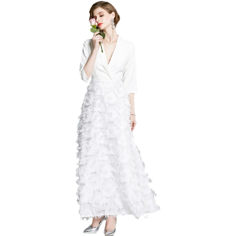 New Vintage Tassel Patchwork Long Large Swing Suit Collar  Temperament White Dress