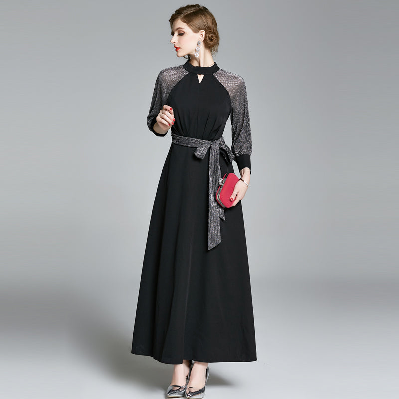 New Stand Up Collar Waist Patchwork Dress Vintage Fashion Dress