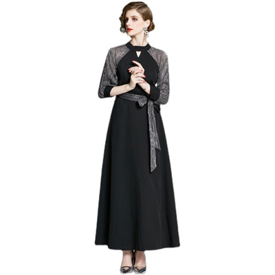New Stand Up Collar Waist Patchwork Dress Vintage Fashion Dress