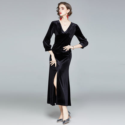 New Style Banquet Temperament Celebrity High Waist Split Velvet Dress Long