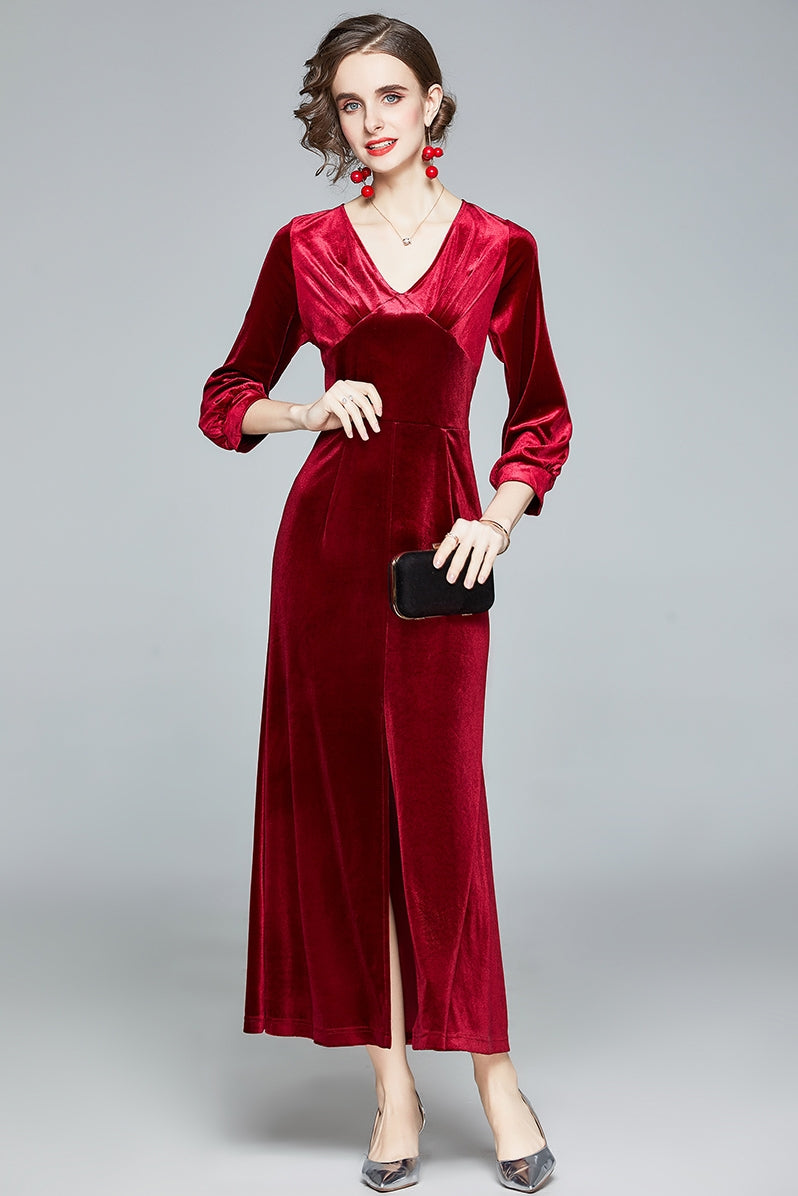 New Style Banquet Temperament Celebrity High Waist Split Velvet Dress Long