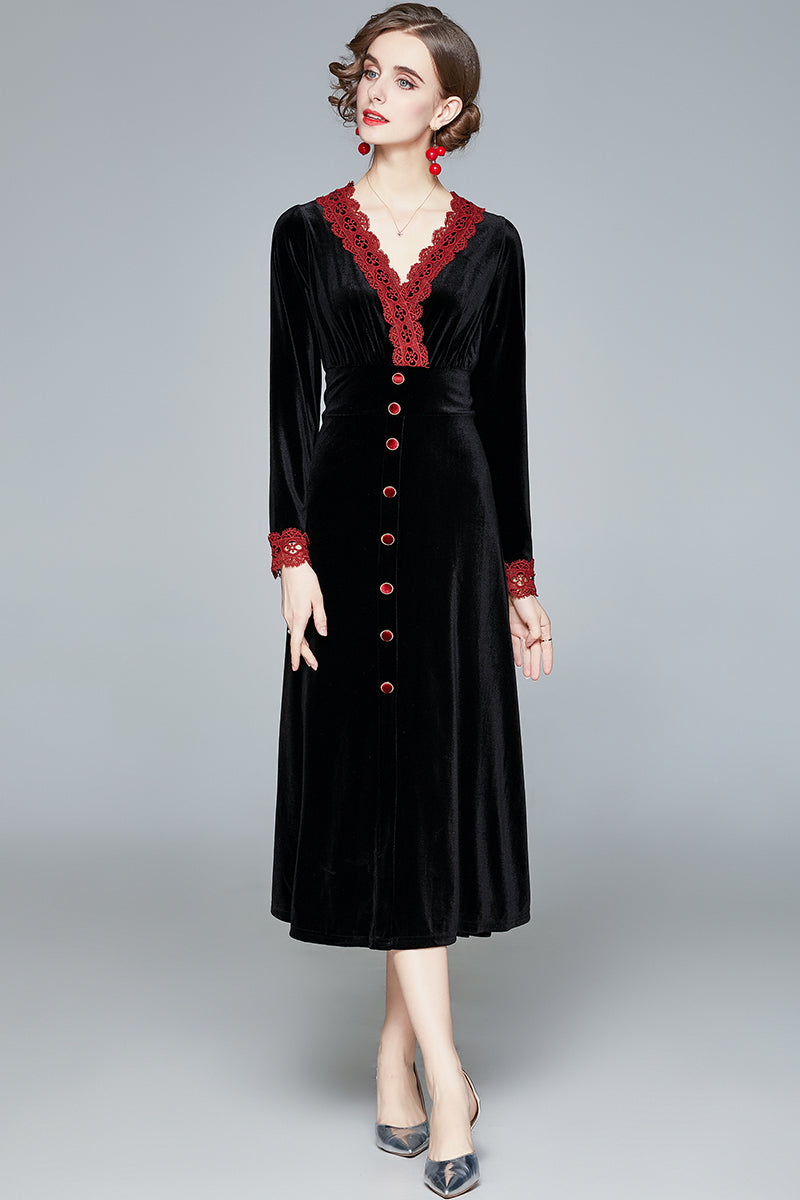Vintage Waistband Shows Thin Temperament Celebrity Velvet Lace Patchwork Long Dress