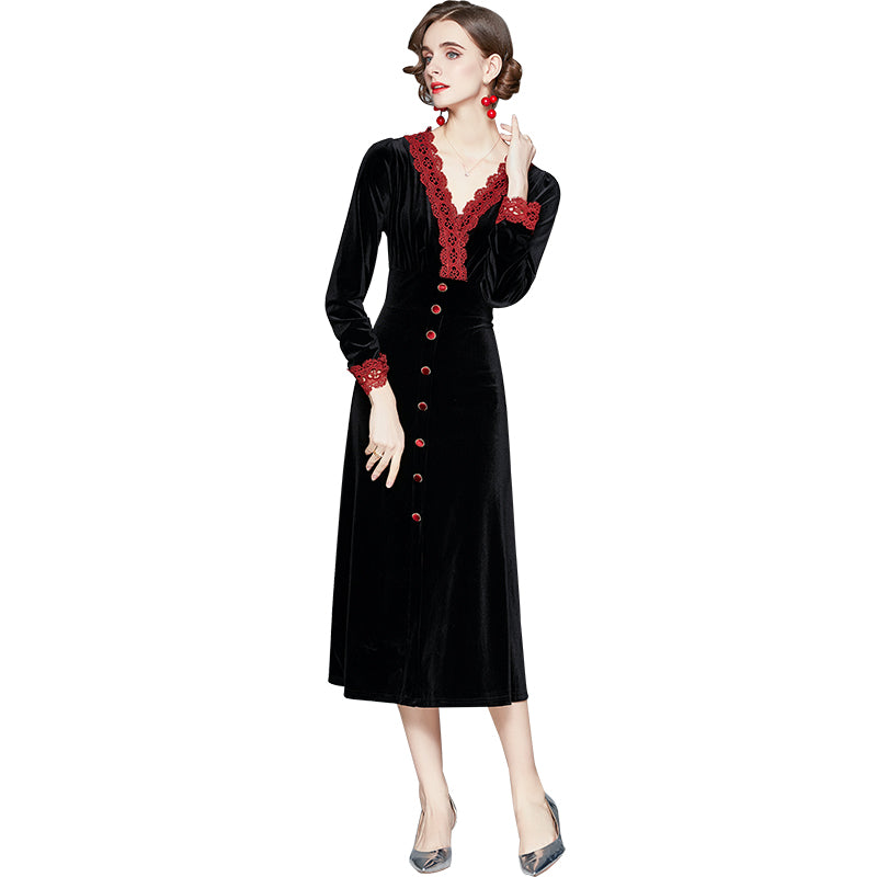 Vintage Waistband Shows Thin Temperament Celebrity Velvet Lace Patchwork Long Dress