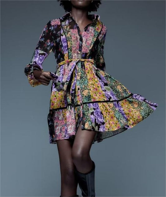 Women  Printed Short Version with Belt Shirt Dress