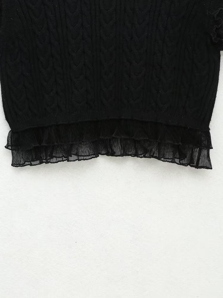 Autumn Women Clothing Black Laminated Decoration Eight Strand Knitted Vest