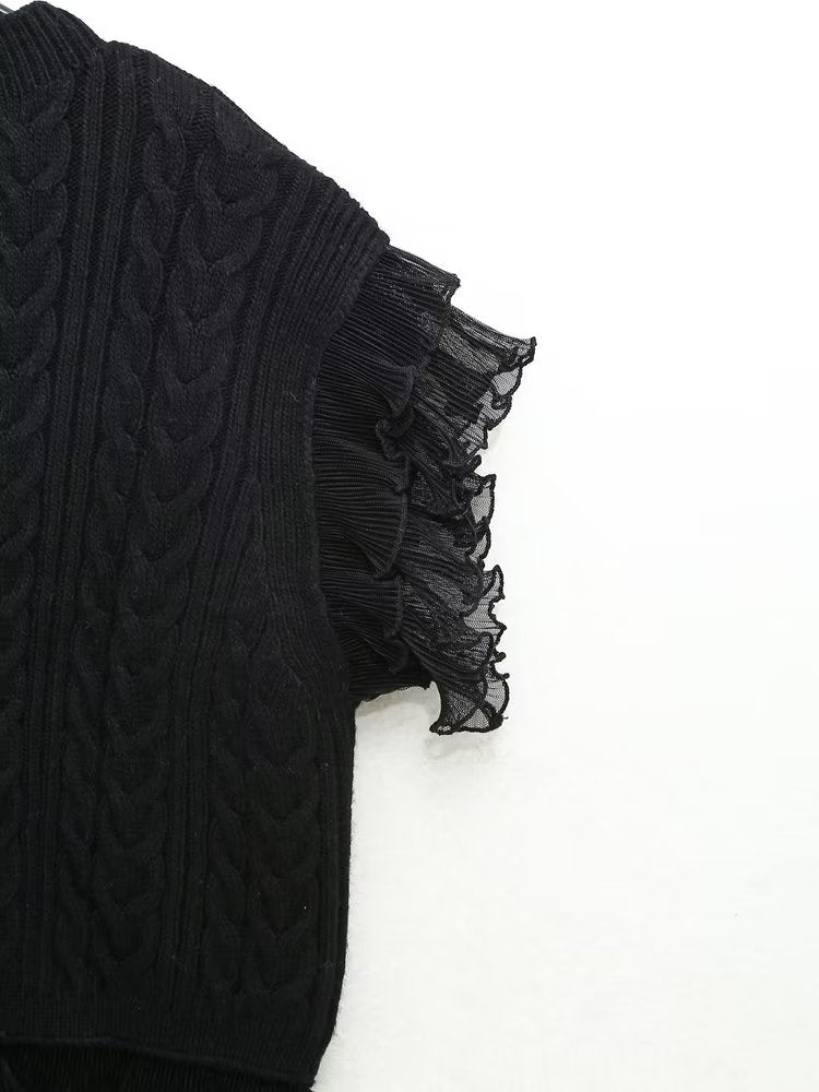 Autumn Women Clothing Black Laminated Decoration Eight Strand Knitted Vest