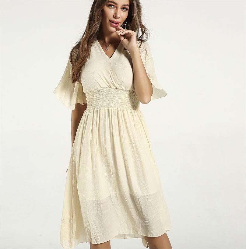 Summer Women Clothing Solid Color V Neck Waist Controlled Flying Sleeves Dress