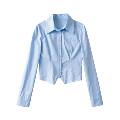 Spring Single Breasted Collared Hem Irregular Asymmetric Short Small Shirt Top Niche Long Sleeve Shirt Women