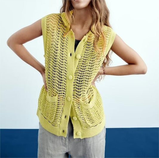 Women  Clothing Summer Lapels Pocket Texture Loose Knitted Cardigan Vest for Women