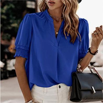 Women Clothing Summer V Neck Casual Short Sleeve Solid Color Chiffon Blouse Top Women