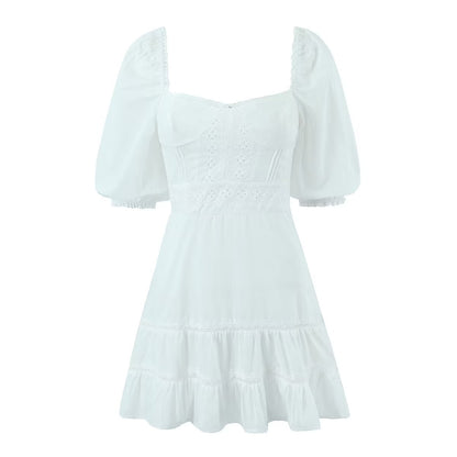 French Pure White Dress Women Spring Summer Square Collar Puff Sleeve Waist Slimming Princess Dress