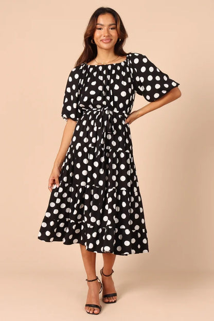 Women Summer Square Collar Puff Sleeve Short Sleeve Polka Dot Jumpsuit Long Dress