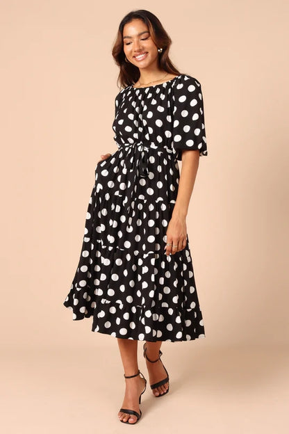 Women Summer Square Collar Puff Sleeve Short Sleeve Polka Dot Jumpsuit Long Dress