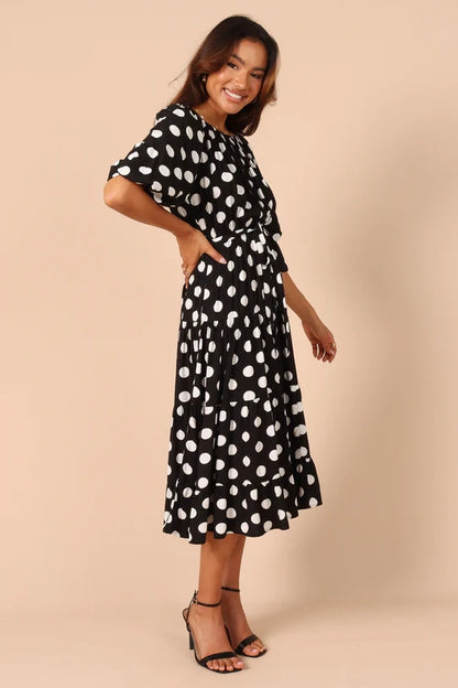 Women Summer Square Collar Puff Sleeve Short Sleeve Polka Dot Jumpsuit Long Dress