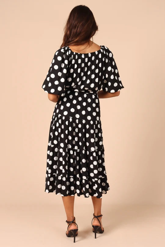 Women Summer Square Collar Puff Sleeve Short Sleeve Polka Dot Jumpsuit Long Dress