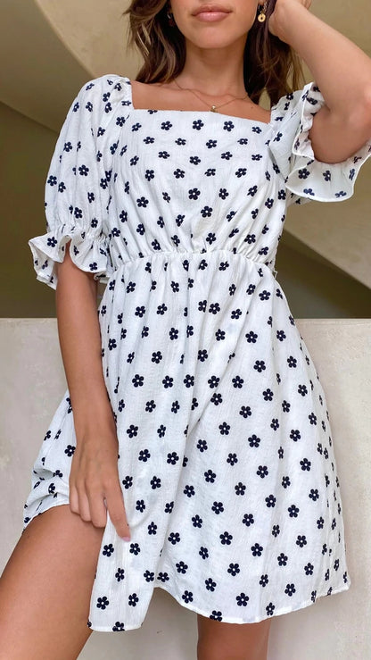 Women Elegant Square Neck Puff Sleeve Flounce Print Dress