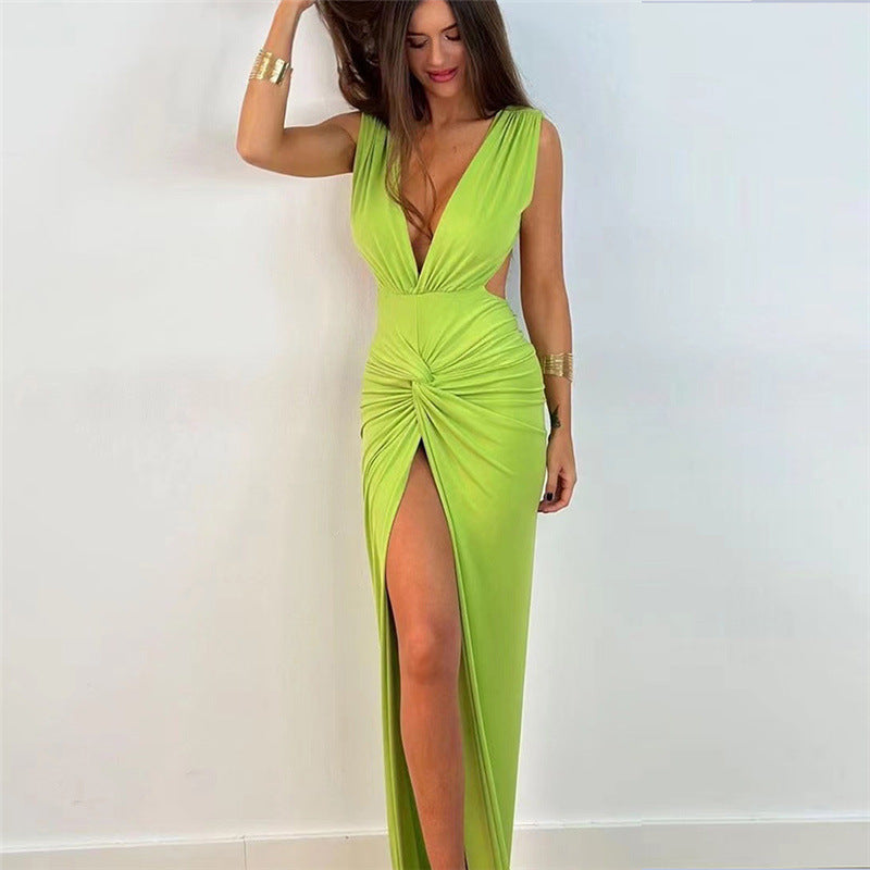 Spring Summer Women Clothing Backless Sexy V neck Slim Fit High Split Dress for Women