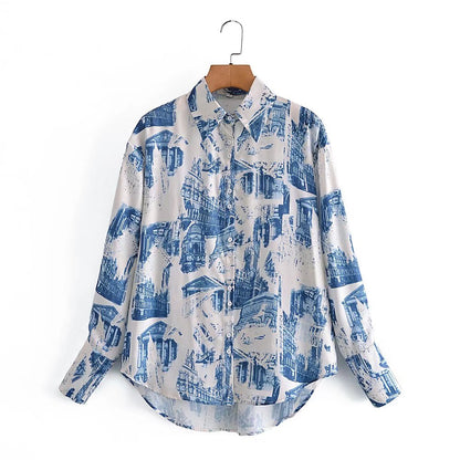 Fall Satin Architectural Printing Front Short Back Length Loose Casual Long Sleeves Shirt Top