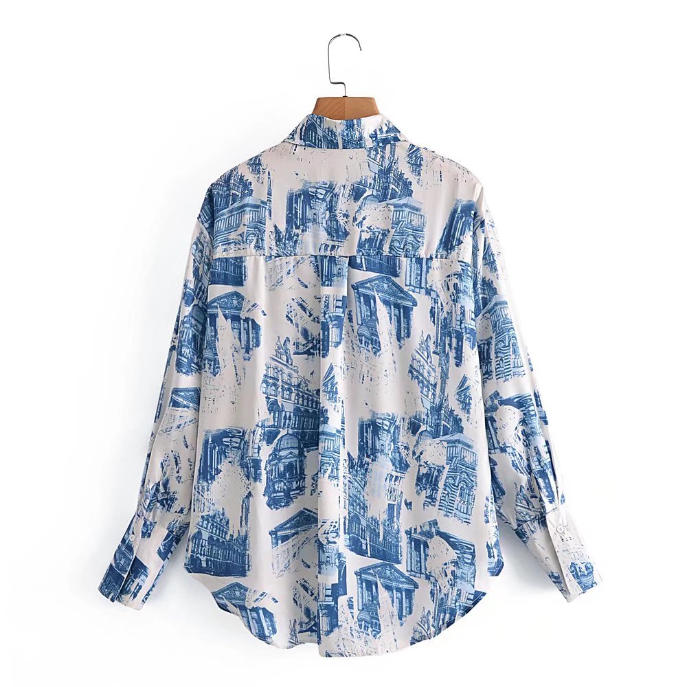 Fall Satin Architectural Printing Front Short Back Length Loose Casual Long Sleeves Shirt Top