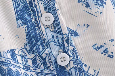 Fall Satin Architectural Printing Front Short Back Length Loose Casual Long Sleeves Shirt Top
