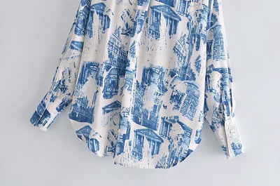 Fall Satin Architectural Printing Front Short Back Length Loose Casual Long Sleeves Shirt Top