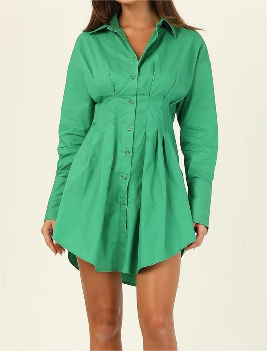 Fall Vacation Green Women Clothing  Casual Waist Tight Shirt Long Sleeve Slim Dress