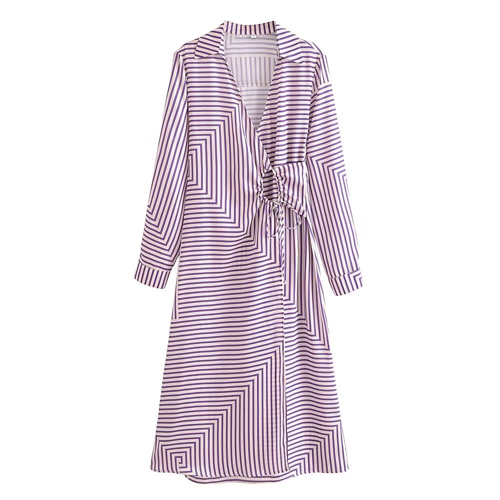 Autumn Women Striped Stitching Stomach Blanket Lace up Long Sleeve Dress