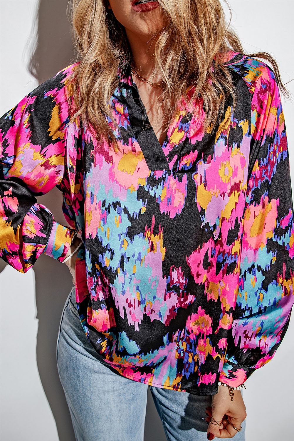 Purple Graffiti Printed V Neck Puff Sleeve Blouse