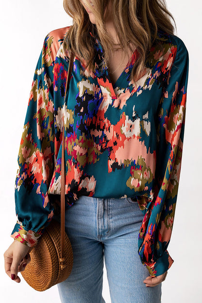 Purple Graffiti Printed V Neck Puff Sleeve Blouse