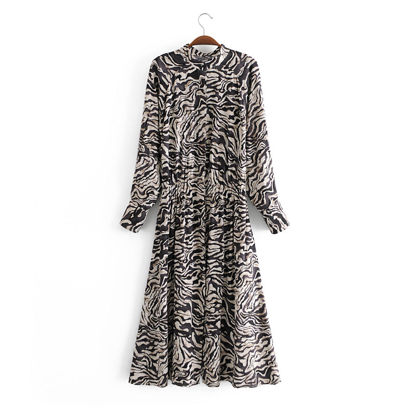 Autumn Winter Printed Dress Collared Single Breasted Series Maxi Dress